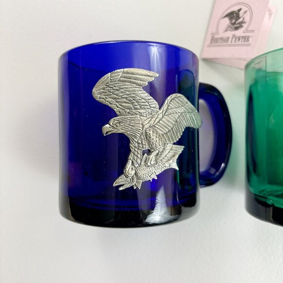 HERITAGE PEWTER Eagle Coffee Mugs Set Of 2 Glass Jade Cobalt Patriotic Woodland - Picture 9 of 15